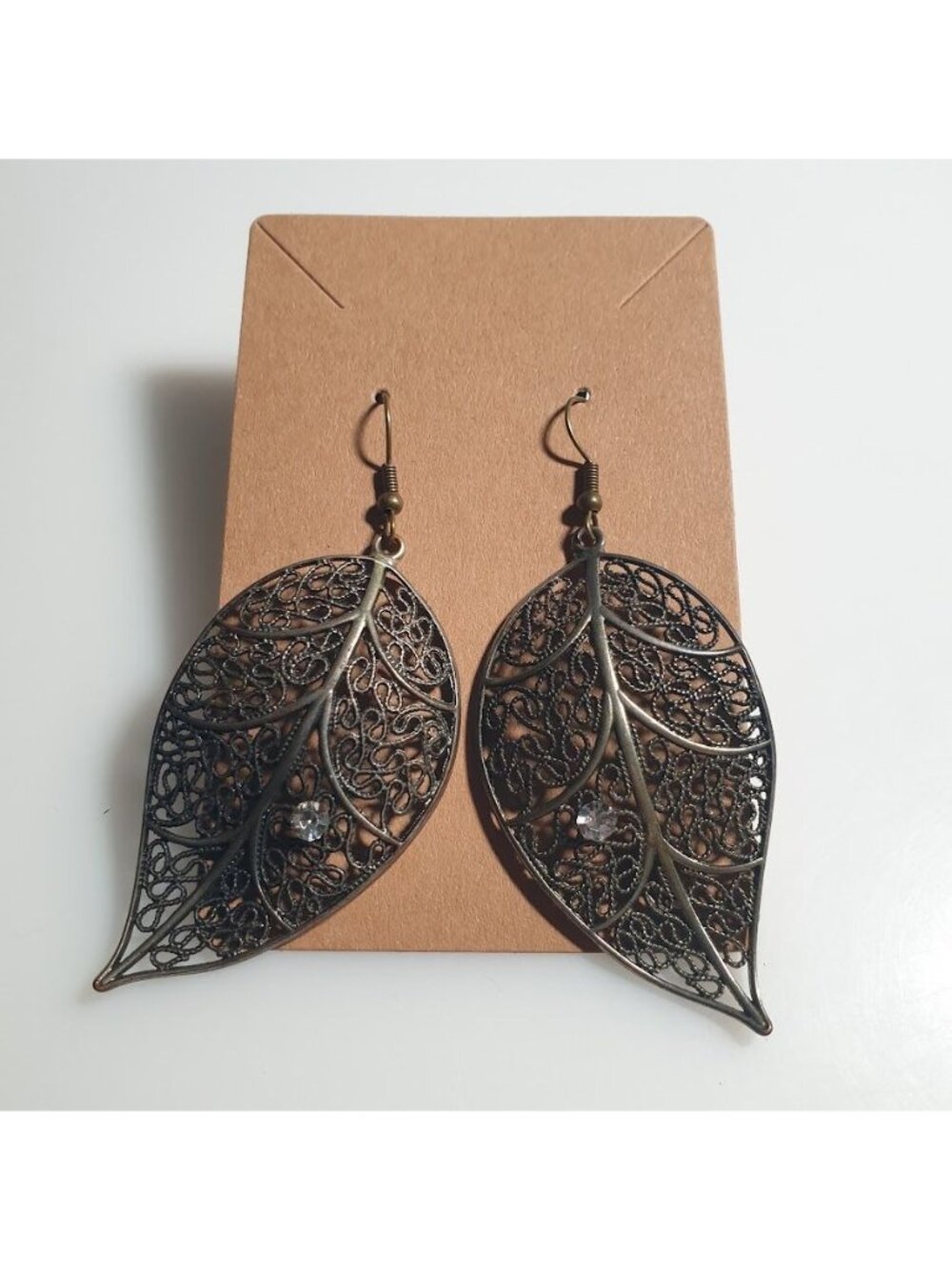 Bronze Leaf Filigree Dangle Earrings Rhinestone Lightweight 2.75" Length Hooks